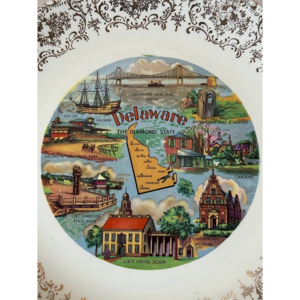 Delaware The Diamond State Vintage Souvenir Plate Gold Filigree Rim 9.25 Inch‎ - Picture 2 of 5